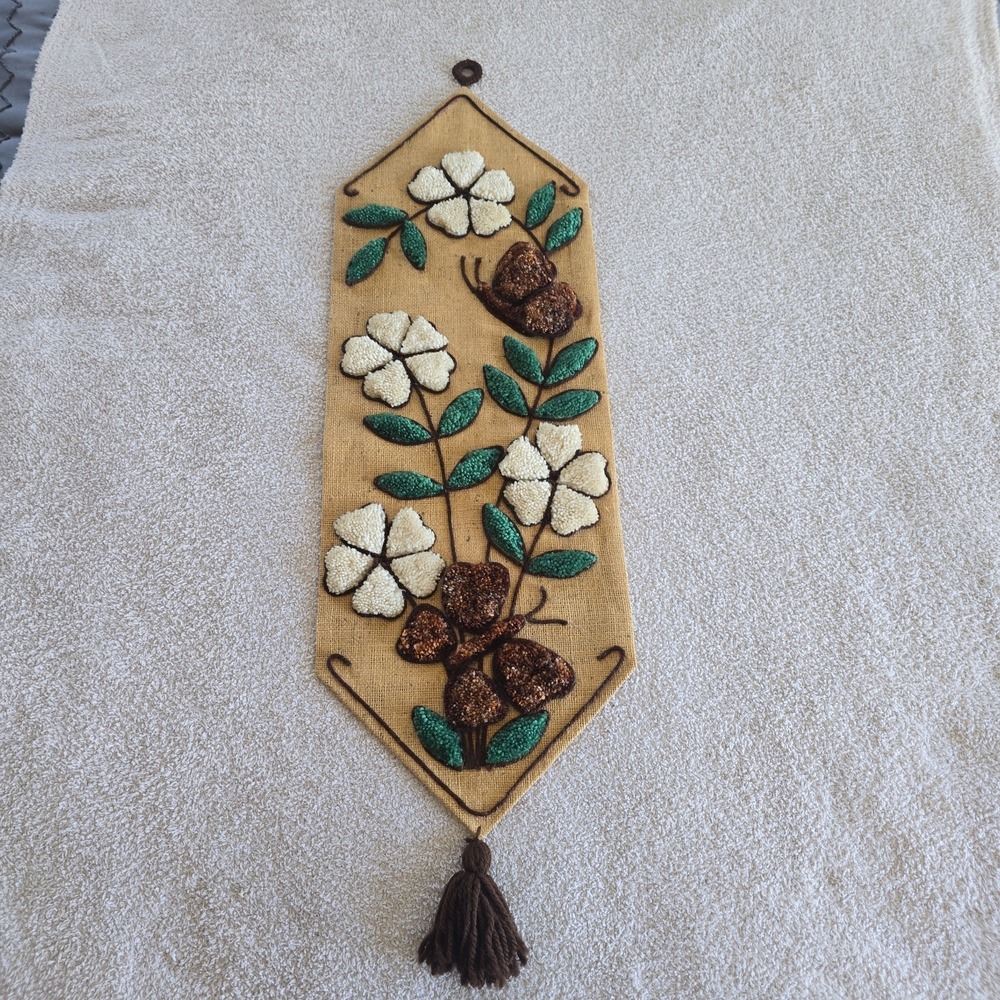 Vtg 1970's BOHO Burlap Flower Butterfly Latch Hook Completed Rug Wall Hanging